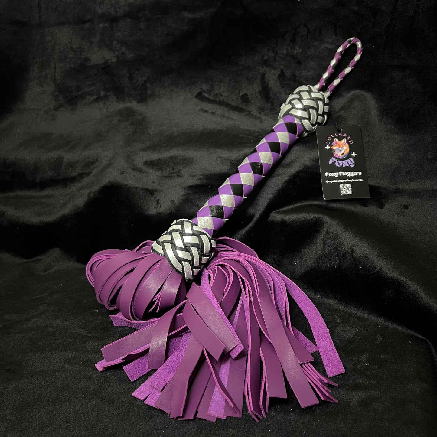 Medium Purple Nappa, Patent Black and Silver Check Cowhide Leather Flogger