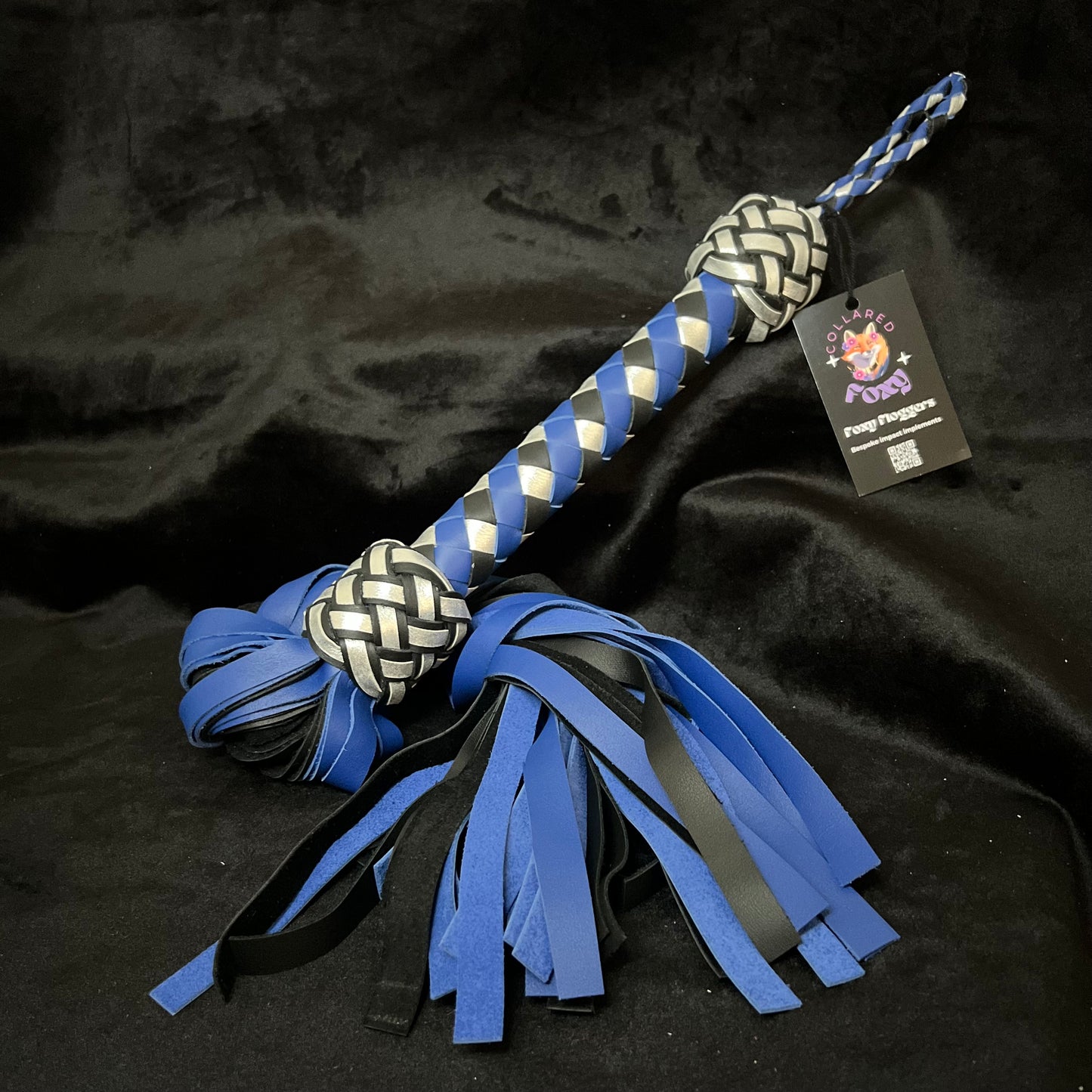 Medium Blue, Black and Silver Nappa Leather Cowhide Flogger