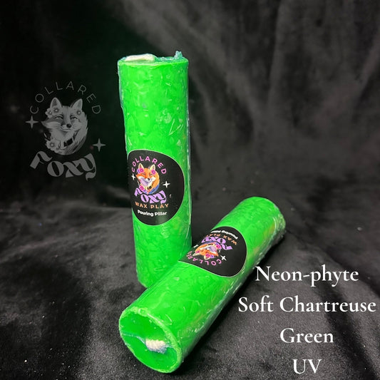 Soft Chartreuse green Neon-phyte pouring pillar candles on black velvet with Neon-phyte label