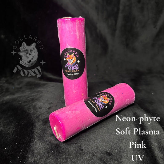Soft Plasma pink Neon-phyte pouring pillar candles on black velvet with Neon-phyte label