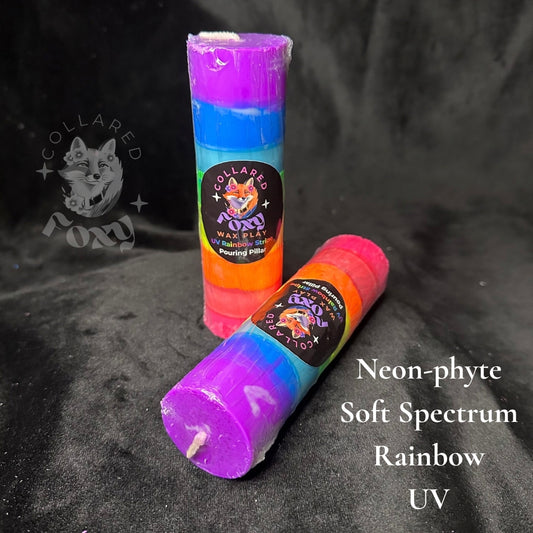 Soft Spectrum rainbow striped Neon-phyte pouring pillar candles on black velvet with Neon-phyte label