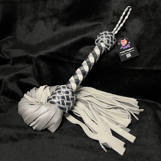 Medium ‘Silver Fox’ Silver, Pewter, Gunmetal and Pearl Cowhide Leather Flogger