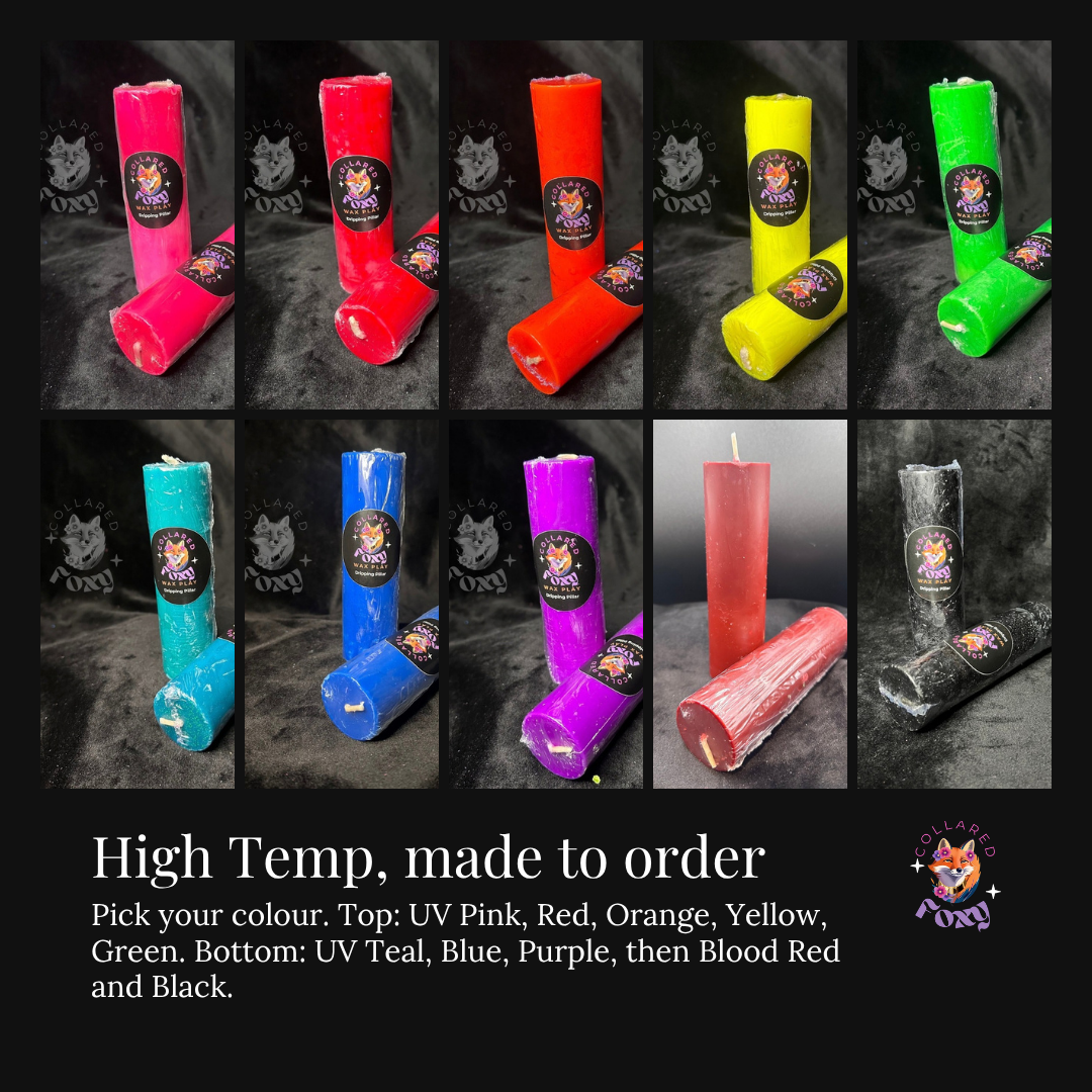High Temp paraffin pillar wax play candles in ten made-to-order colours on black velvet: UV pink, red, orange, yellow, green, teal, blue, purple, Blood Red and Black