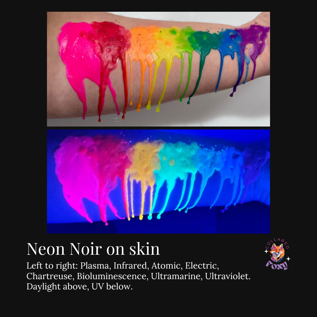Neon Noir UV paraffin wax drips on a forearm in daylight and under UV light: Plasma, Infrared, Atomic, Electric, Chartreuse, Bioluminescence, Ultramarine, Ultraviolet