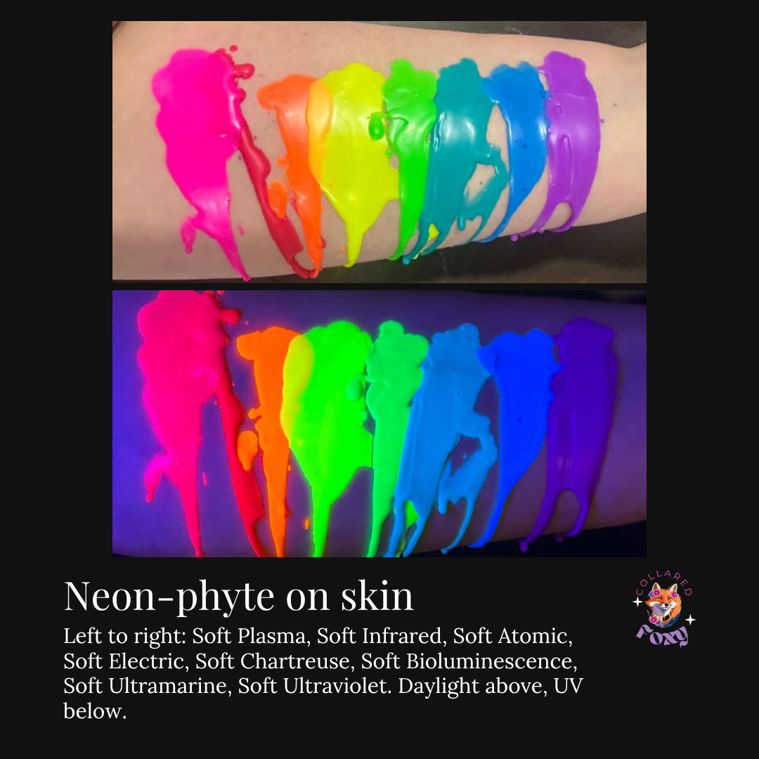 Neon-phyte UV soy blend wax pooled on a forearm in daylight and under UV light: Soft Plasma, Soft Infrared, Soft Atomic, Soft Electric, Soft Chartreuse, Soft Bioluminescence, Soft Ultramarine, Soft Ultraviolet